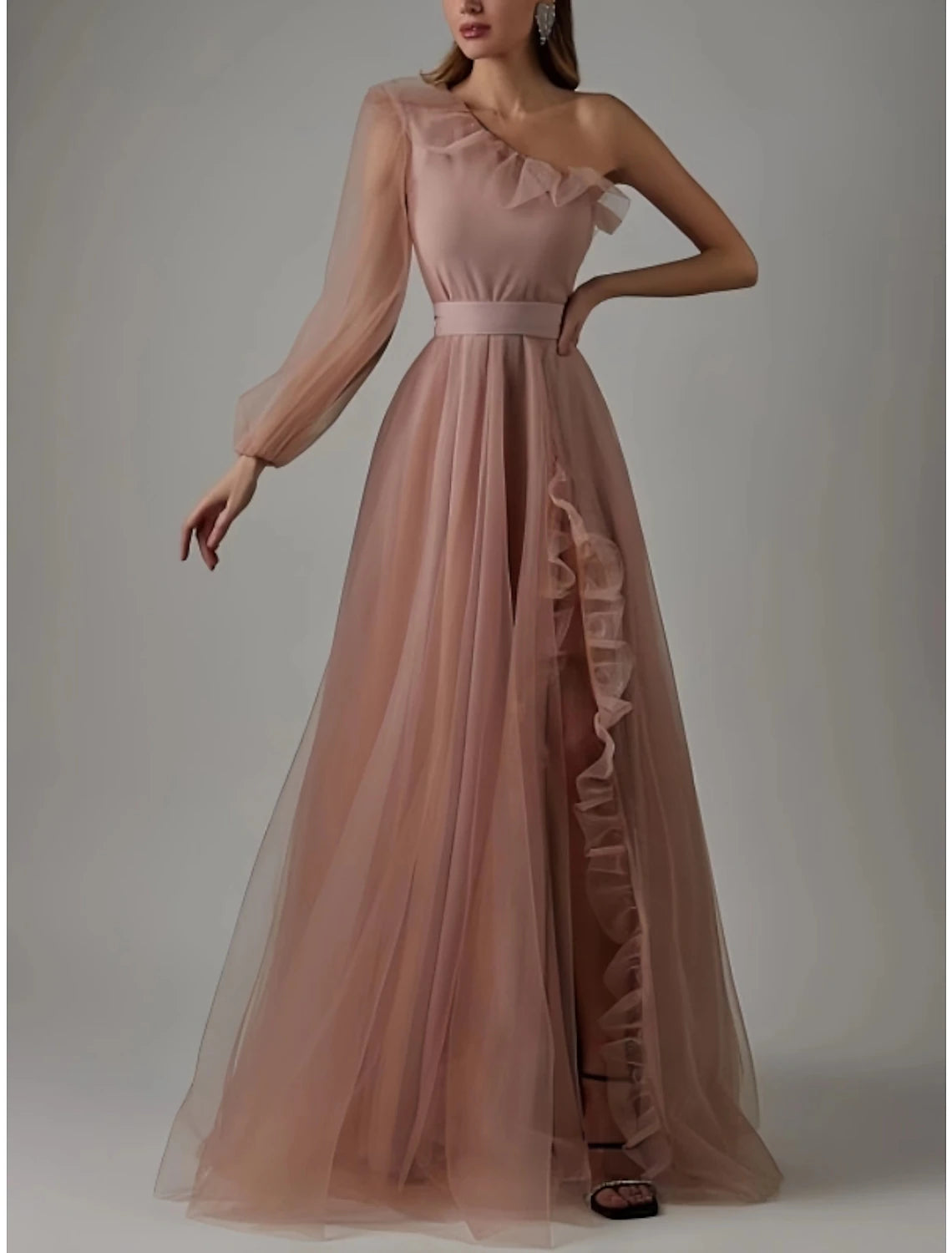 Sheath Prom Dress Elegant Black Dress Plus Size Evening Birthday Floor Length Long Sleeve One Shoulder Tulle with Pleats Ruffles Slit