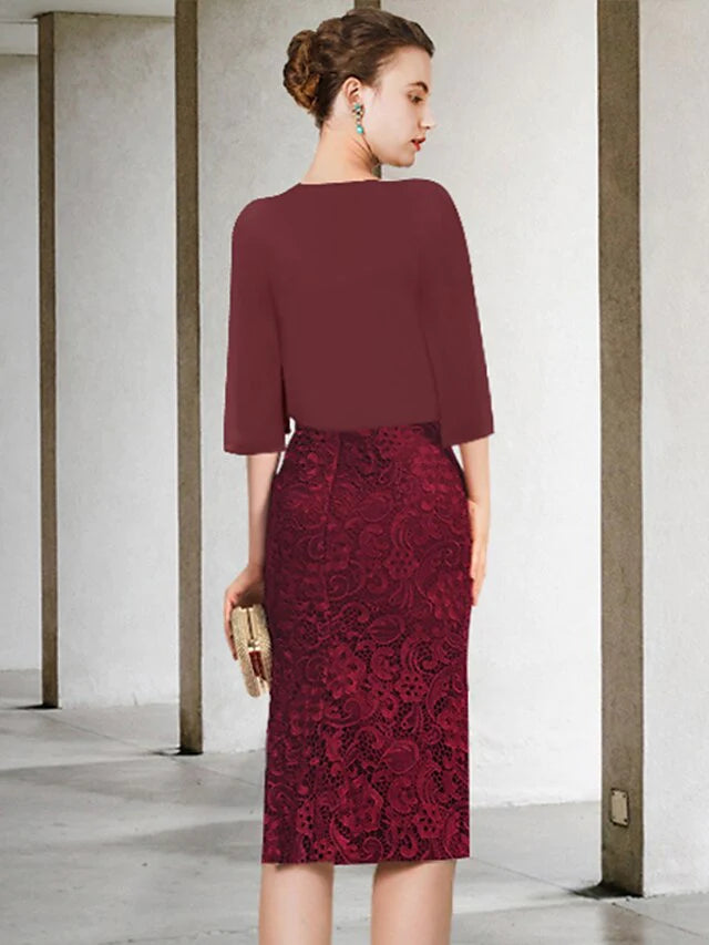 Two Piece Sheath / Column Mother of the Bride Dress Formal Wedding Guest Party Elegant Off Shoulder Knee Length Chiffon Lace Short Sleeve with Appliques