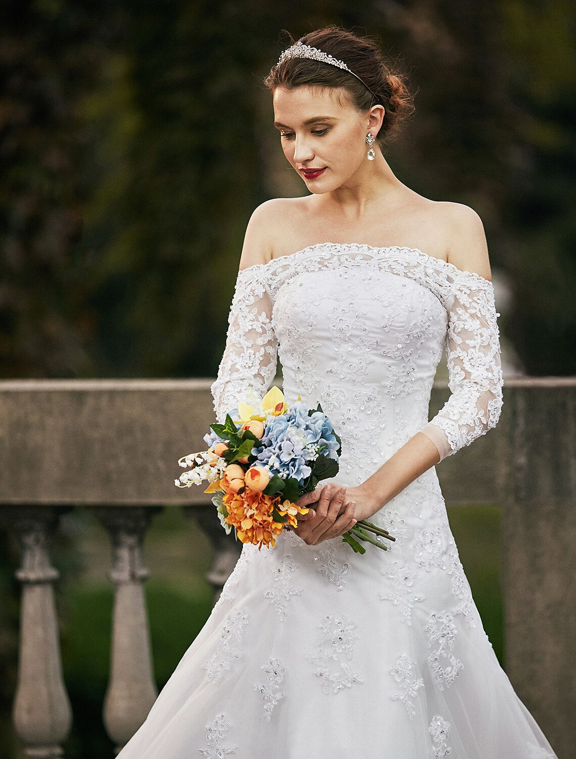 Hall Wedding Dresses A-Line Off Shoulder 3/4-Length Sleeve Sweep / Brush Train Lace Bridal Gowns With Beading Appliques