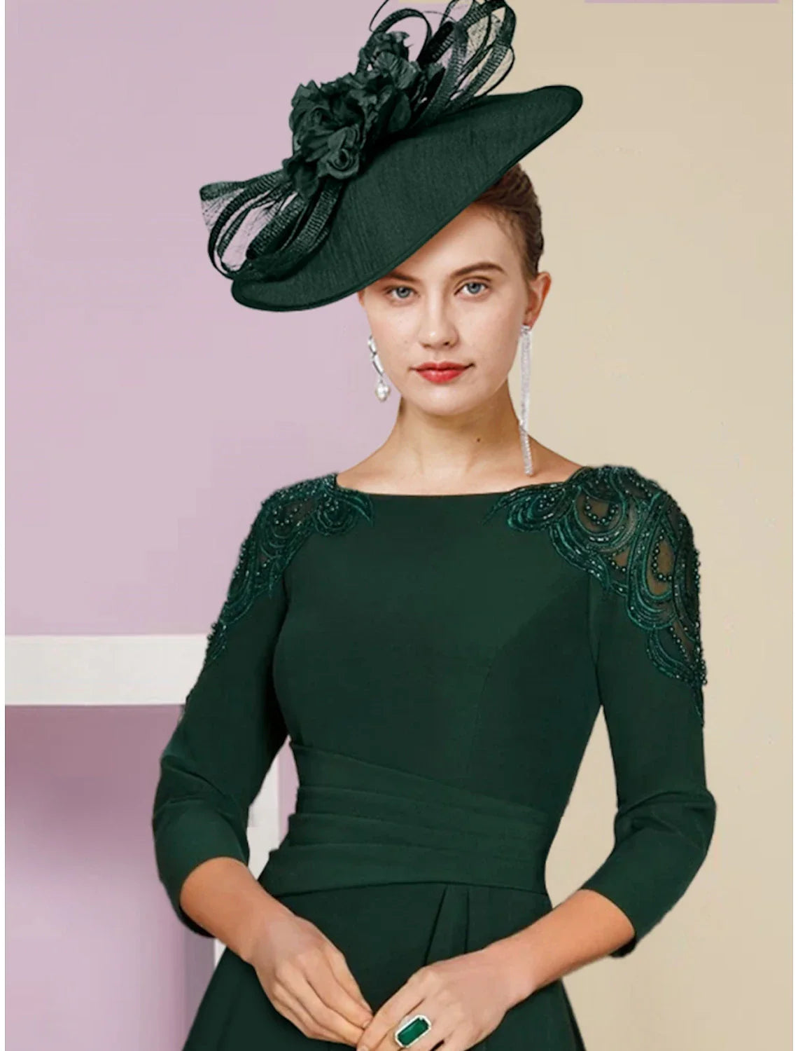 DingjiA-Line Mother of the Bride Dress Wedding Guest Elegant Scoop Neck Asymmetrical Stretch Chiffon 3/4 Length Sleeve with Sequin Ruching Solid Color