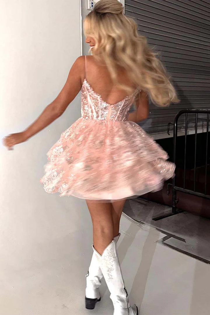 Ruffle Sheer Corset Bodice Homecoming Dress with