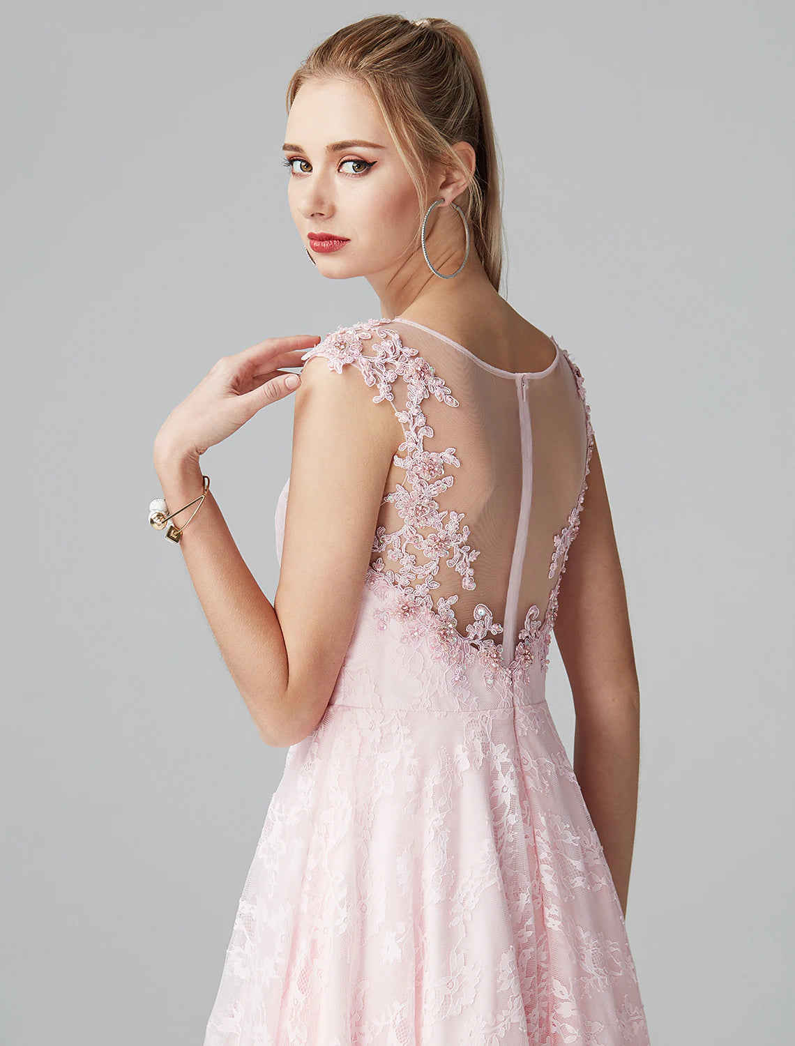 A-Line Prom Dresses Floral Dress Evening Party Ankle Length Short Sleeve Illusion Neck Lace Zipper with Appliques