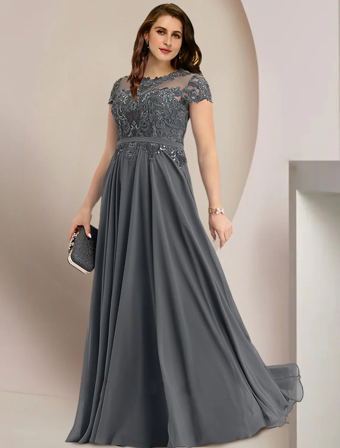 DingjiMother of the Bride Dresses Plus Size Curve Hide Belly Wedding Guest Party Elegant Jewel Neck Floor Length Chiffon Lace Short Sleeve with Pleats Sequin
