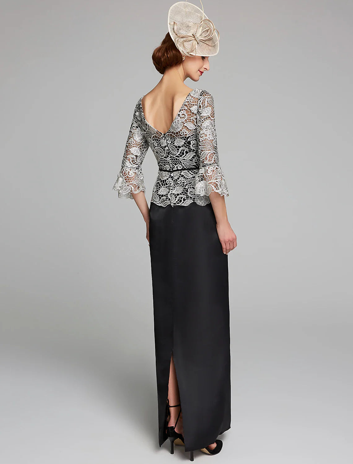 DingjiSheath / Column Mother of the Bride Dress Jewel Neck Floor Length Satin Lace 3/4 Length Sleeve with Lace