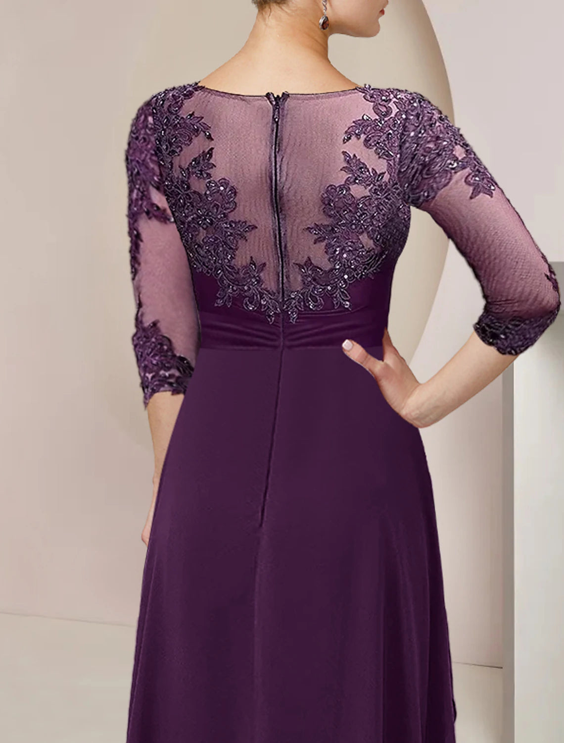 A-Line Mother of the Bride Dress Formal Wedding Guest Elegant High Low Scoop Neck Asymmetrical Floor Length Chiffon Lace 3/4 Length Sleeve with Beading Sequin Appliques 2023