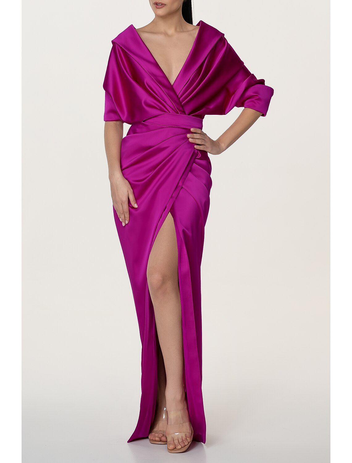 A-Line Evening Gown High Split Dress Formal Fall Sweep / Brush Train Long Sleeve V Neck Stretch Fabric with Pleats Crystals Ruffles