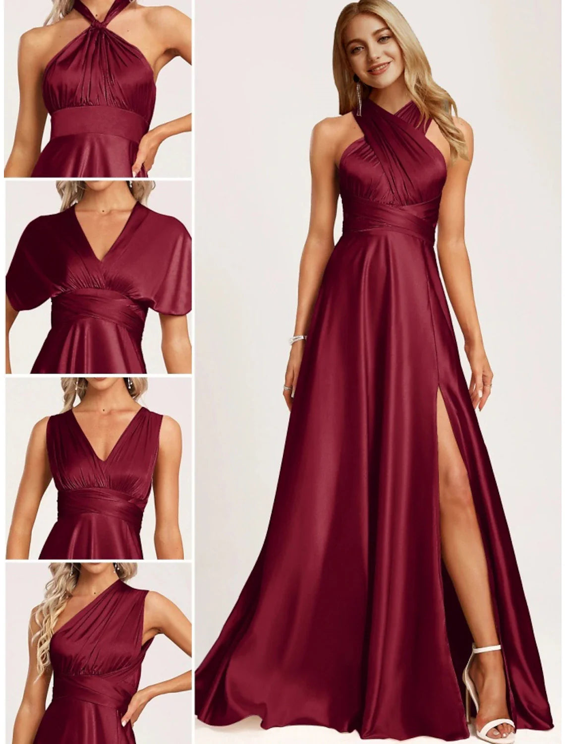 DingjiA-Line Bridesmaid Dress Halter Neck Sleeveless Elegant Floor Length Stretch Satin with Split Front / Ruching
