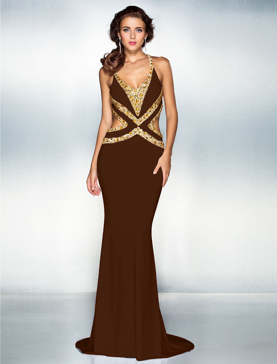 Mermaid / Trumpet Sparkle Dress Wedding Guest Engagement Sweep / Brush Train Sleeveless V Neck Jersey Crisscross Back with Crystals