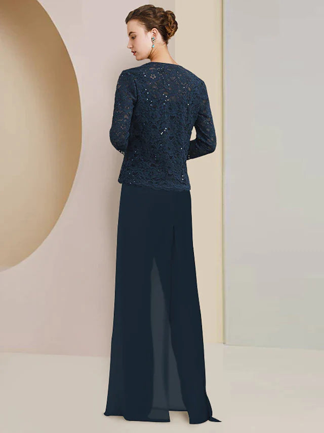 Jumpsuit / Pantsuit 3 Piece Mother of the Bride Dress Formal Wedding Guest Plus Size Elegant Scoop Neck Floor Length Chiffon Lace Sleeveless Wrap Included with Sequin