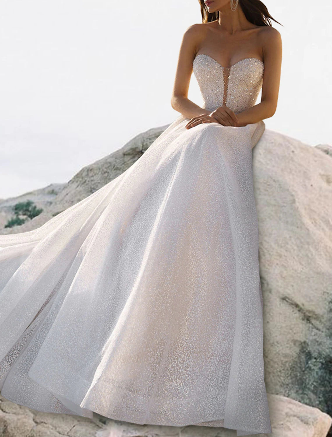 Beach Sparkle & Shine Glitter & Sparkle Wedding Dresses A-Line Sweetheart Strapless Court Train Sequined Bridal Gowns With Pleats Beading