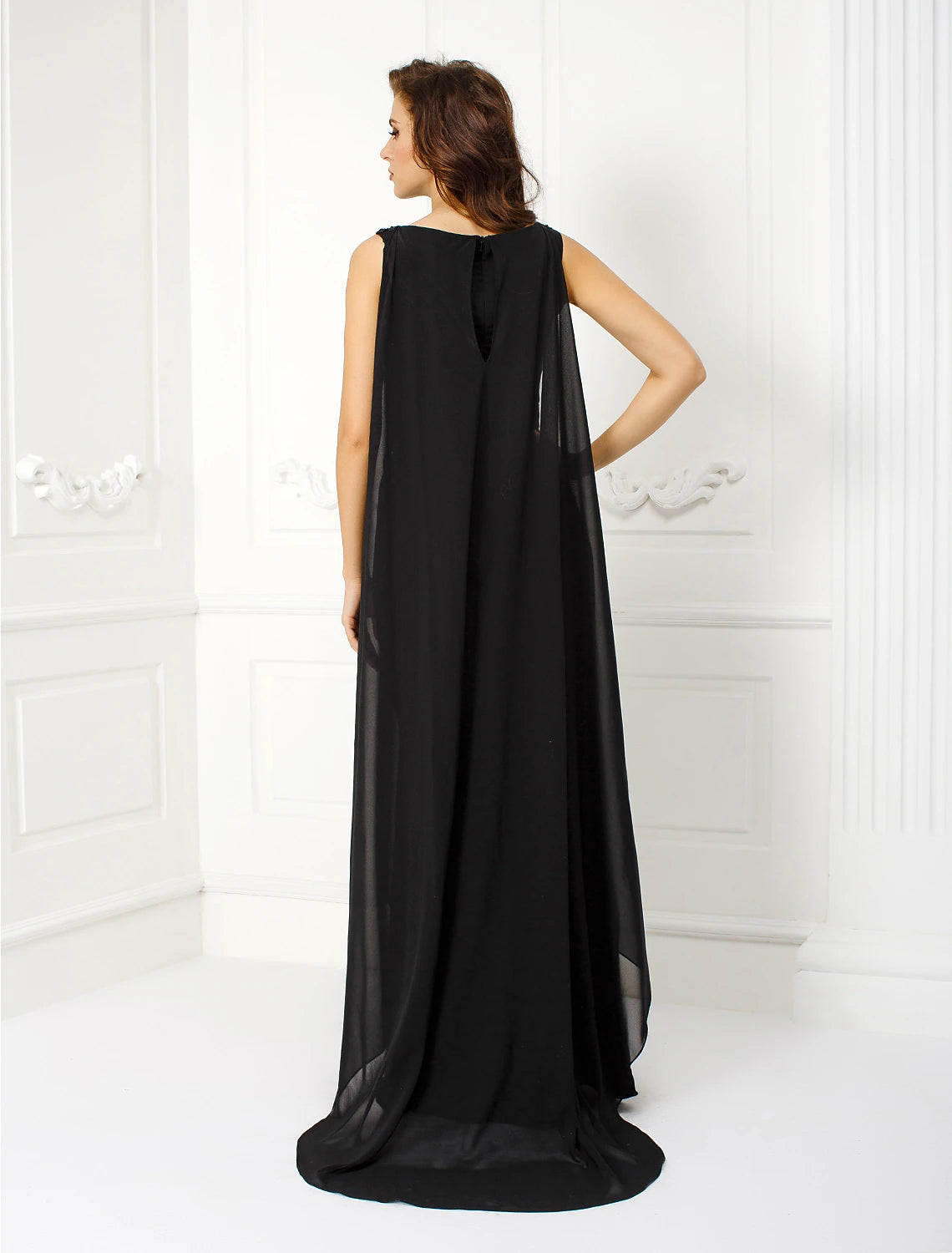 Sheath / Column Elegant Dress Holiday Cocktail Party Watteau Train Sleeveless Bateau Neck Chiffon with Sash / Ribbon Beading
