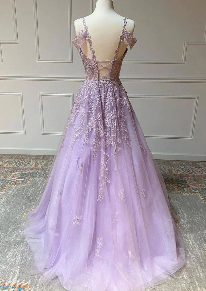 Off Shoulder Open Back Lilac Lace Tulle Prom Dress Formal Evening Gown