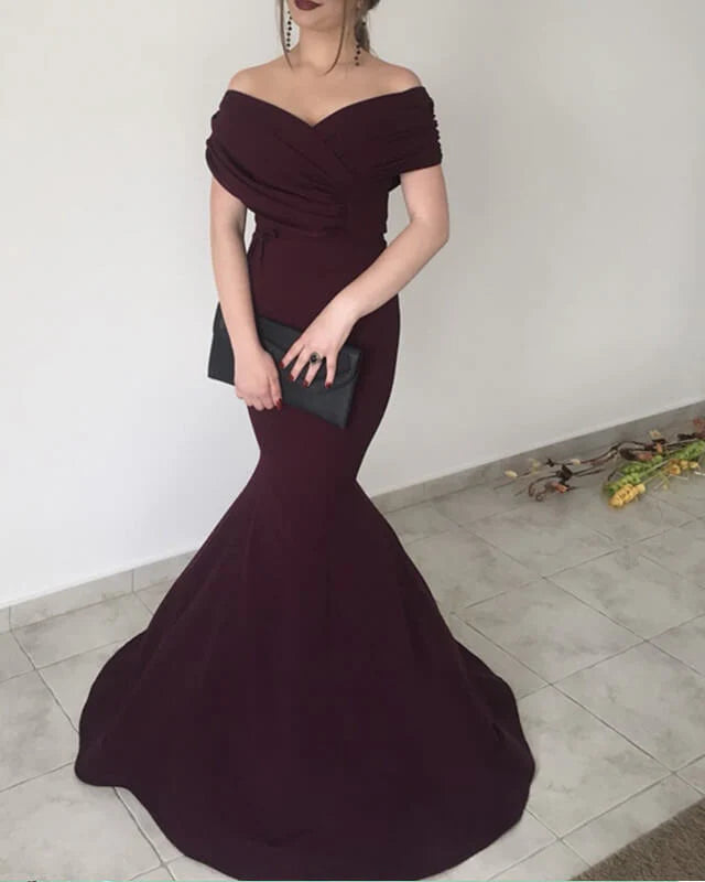 V Neck Off The Shoulder Evening Dress
