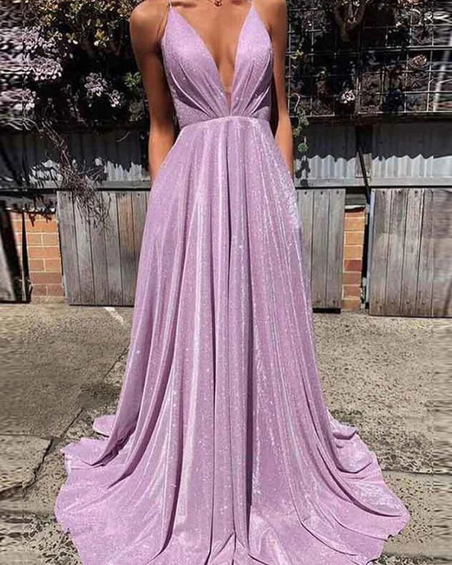 Shiny A-Line Light Blue V-Neck Backless Prom Gown