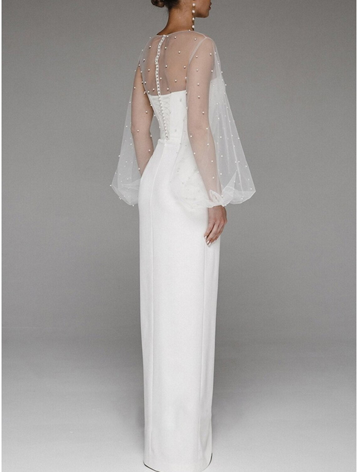 Hall Casual Wedding Dresses Sheath / Column Sweetheart Long Sleeve Floor Length Tulle Bridal Gowns With Pearls Beading