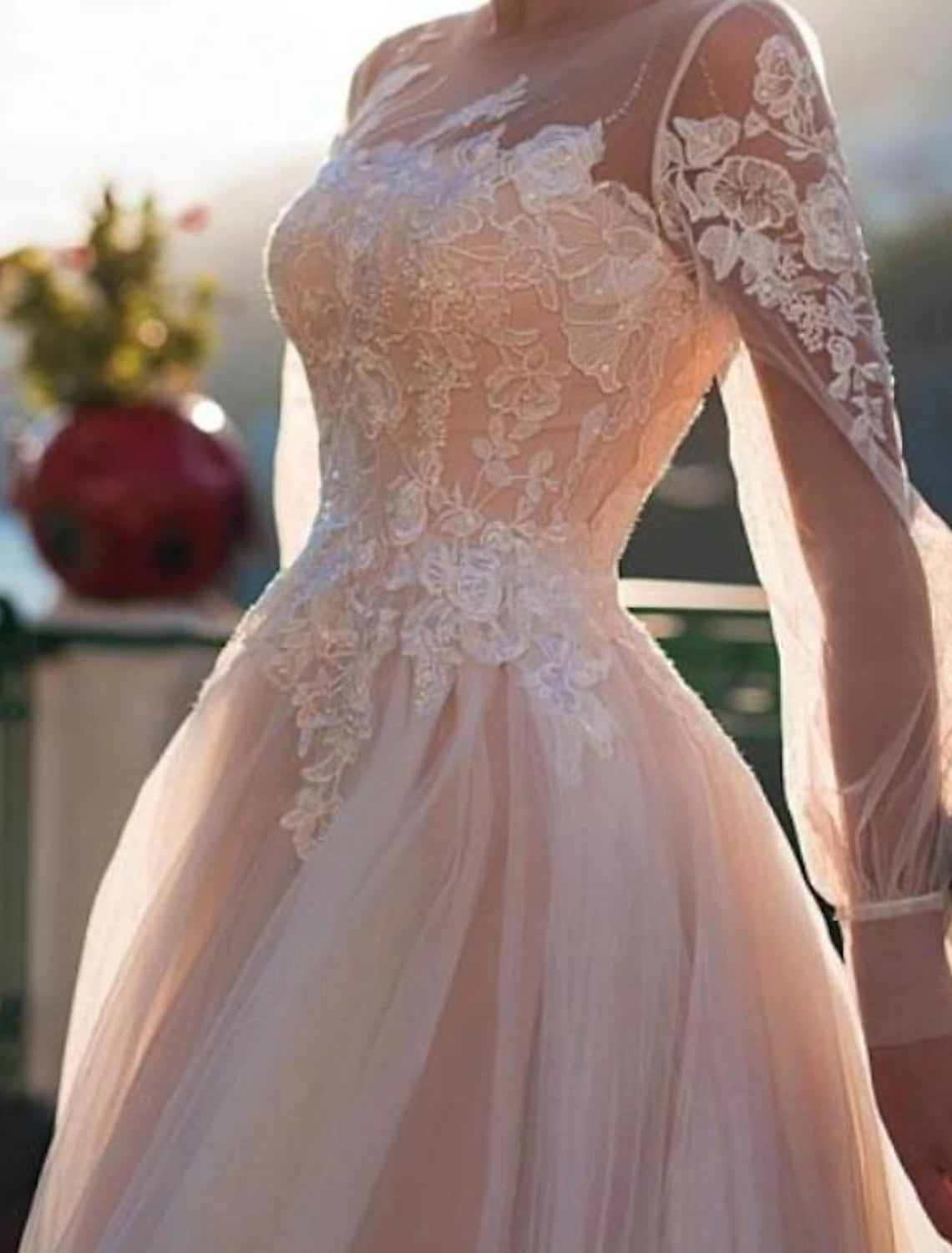 Beach Fall Wedding Dresses in Color Fall Wedding Dresses A-Line Illusion Neck Long Sleeve Sweep / Brush Train Lace Bridal Gowns With Embroidery Appliques Summer Wedding Party, Women's Clothing