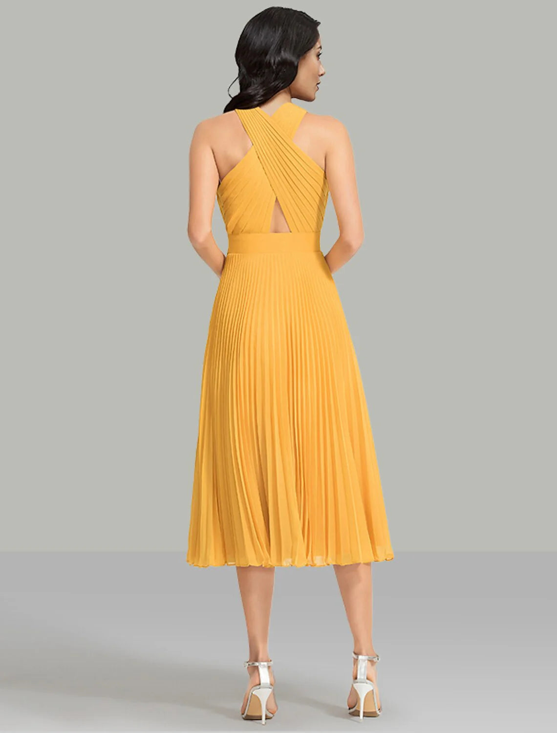 DingjiA-Line Wedding Guest Dresses Elegant Dress Cocktail Party Wedding Party Tea Length Sleeveless Halter Neck Chiffon with Ruched