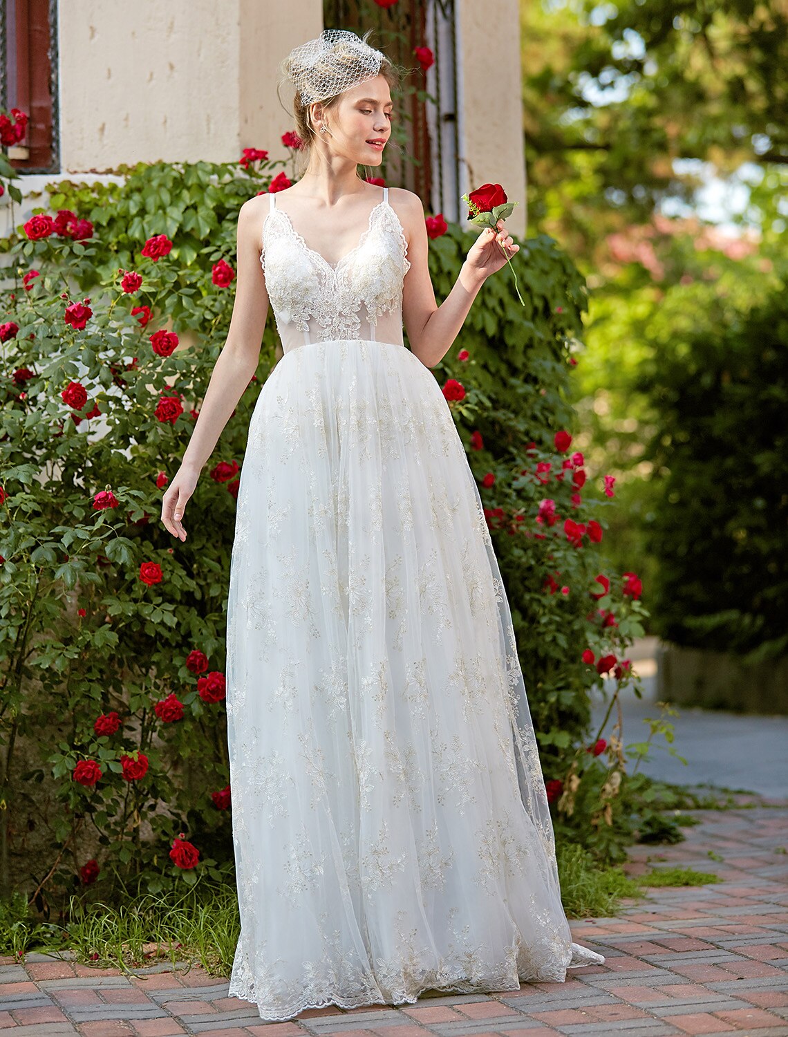 Wedding Dresses A-Line V Neck Sleeveless Floor Length Lace Bridal Gowns With Appliques
