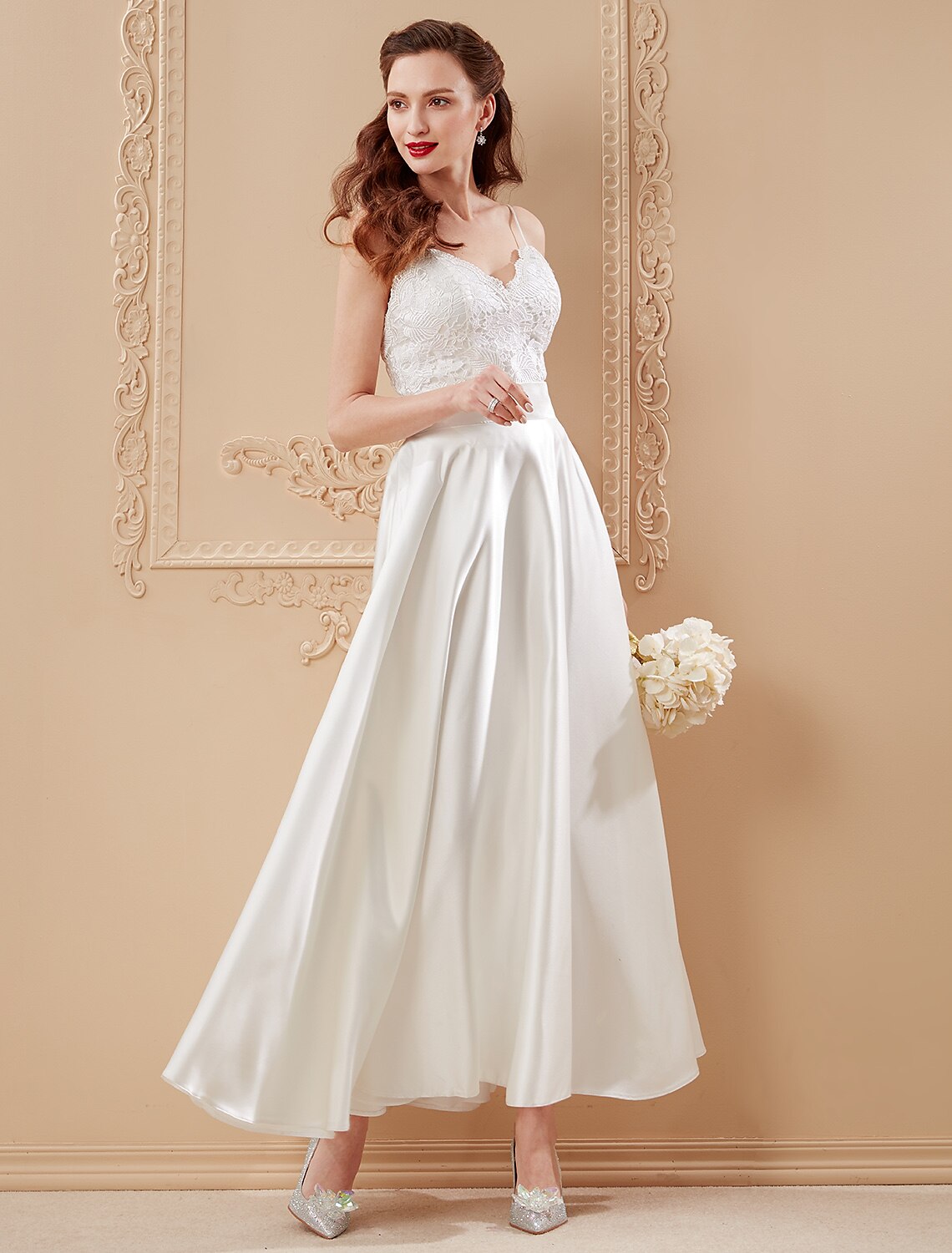 A-Line / Princess Spaghetti Strap Ankle Length Satin / Corded Lace Made-To-Measure Wedding Dresses with Appliques / Sashes / Ribbons / Open Back