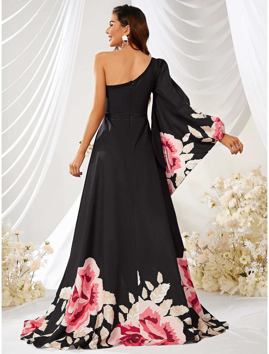A-Line Wedding Guest Dresses Floral Dress Formal Court Train Long Sleeve One Shoulder Chiffon with Slit Print