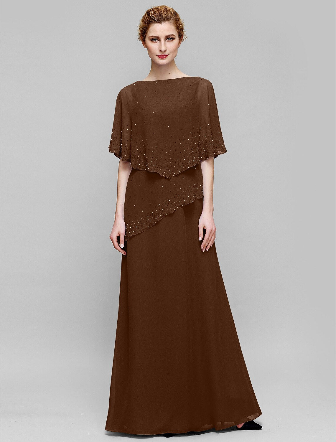 Sheath / Column Mother of the Bride Dress Elegant Bateau Neck Floor Length Chiffon Sleeveless with Beading