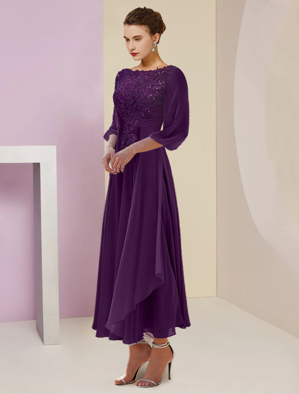 A-Line Mother of the Bride Dress Formal Wedding Guest Elegant Scoop Neck Tea Length Chiffon Lace 3/4 Length Sleeve with Beading Sequin Appliques 2023