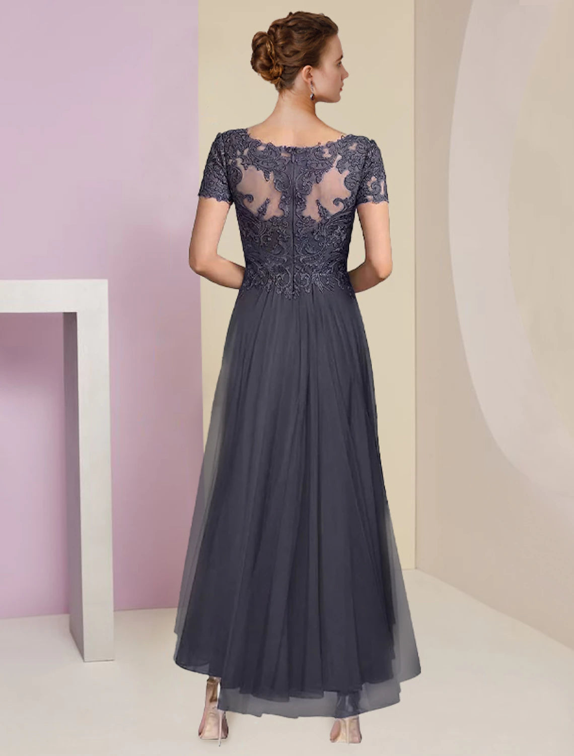 Two Piece A-Line Mother of the Bride Dress Formal Wedding Guest Elegant High Low V Neck Asymmetrical Tea Length Chiffon Lace Short Sleeve Wrap Included with Appliques 2023