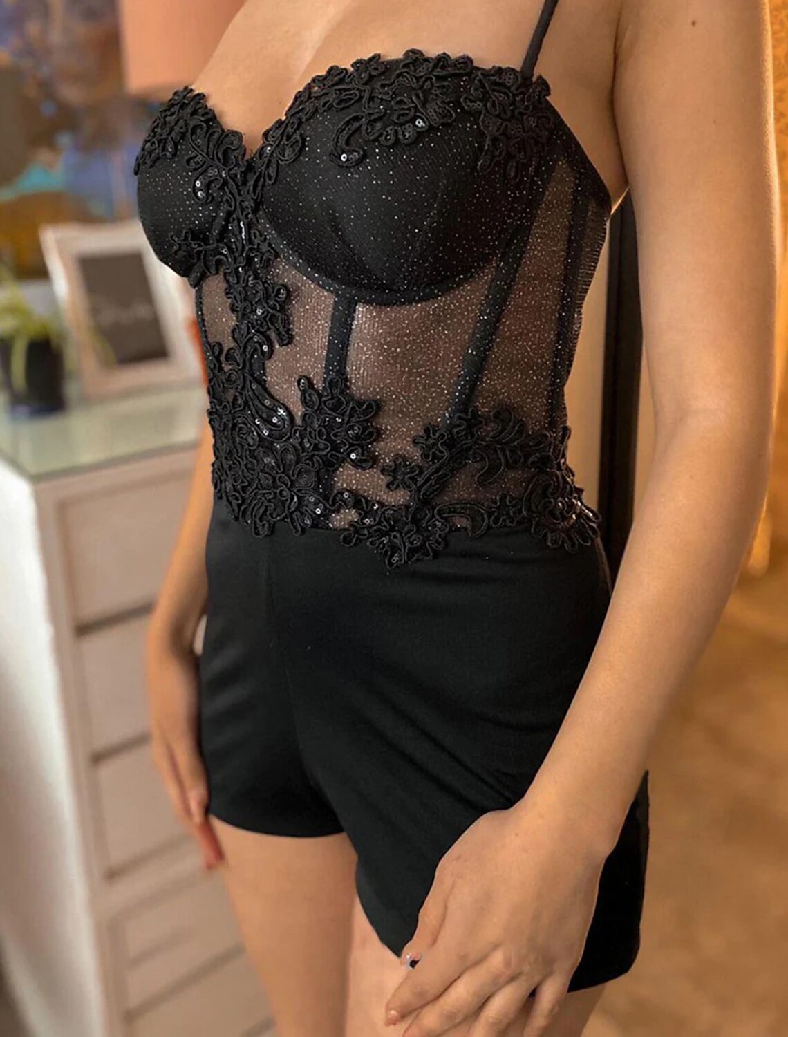 A-Line Prom Dress Corsets Black Dress Plus Size Wedding Holiday Court Train Sleeveless Spaghetti Strap Detachable Tulle with Slit Appliques