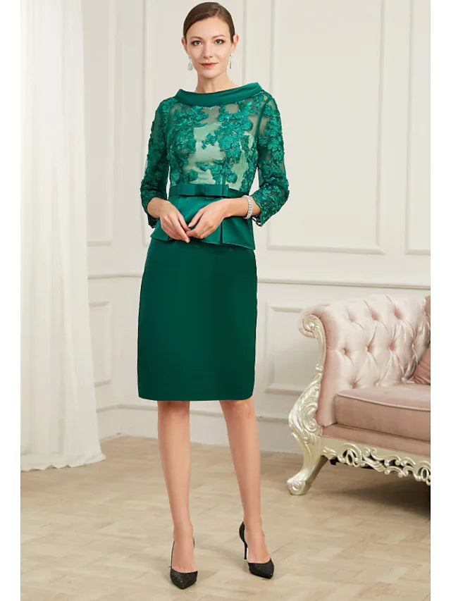 DingjiSheath / Column Peplum Wedding Guest Cocktail Party Dress Jewel Neck 3/4 Length Sleeve Knee Length Chiffon with Bow(s) Slit Appliques