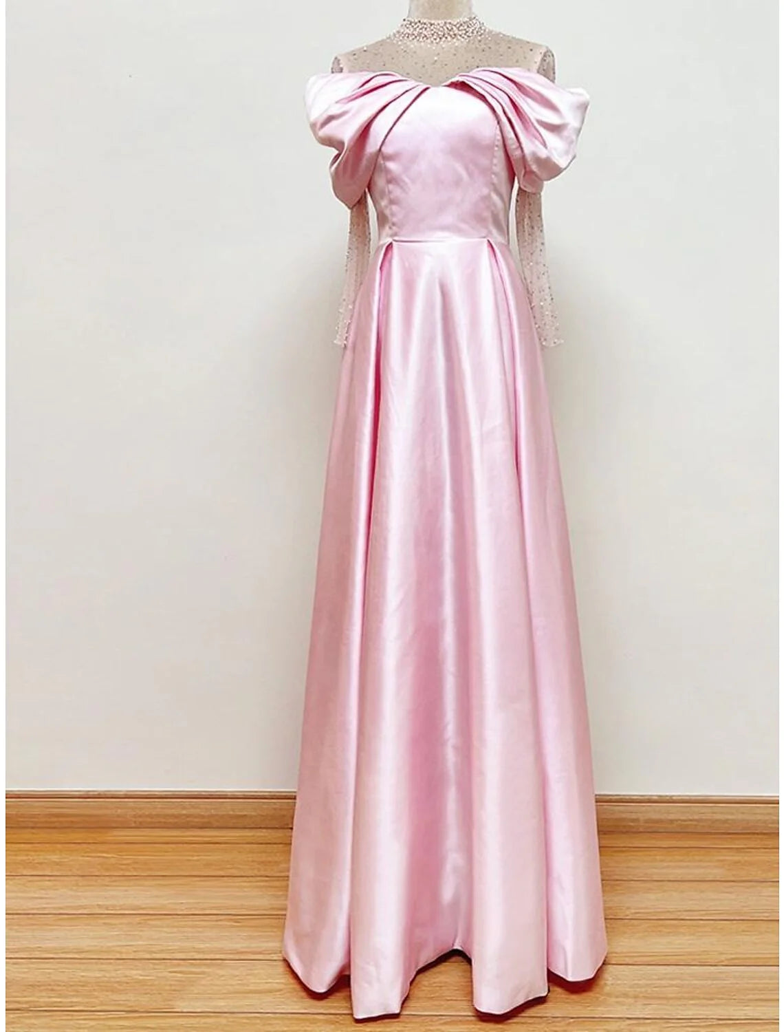 DingjiA-Line Evening Gown Elegant Dress Formal Prom Floor Length Short Sleeve Sweetheart Satin with Ruched Pearls Crystals