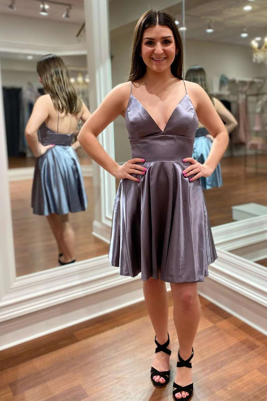 V-Neck Spaghetti Straps A-Line Homecoming Dress