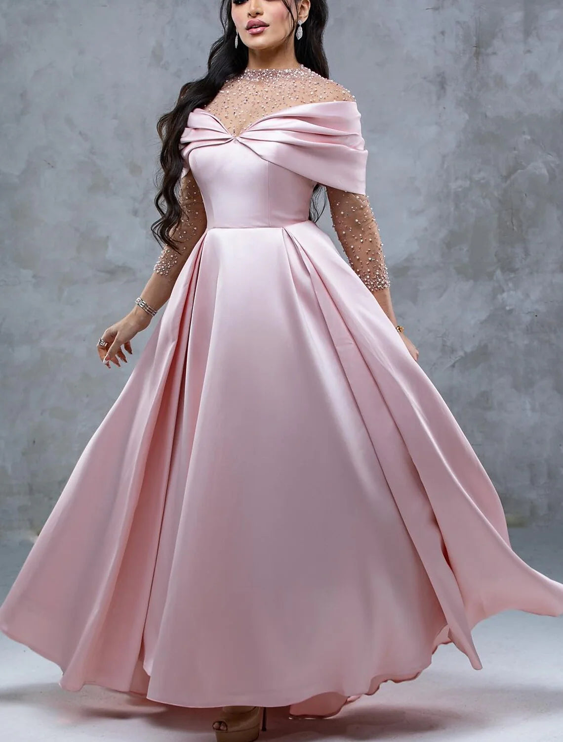 DingjiA-Line Evening Gown Elegant Dress Formal Prom Floor Length Short Sleeve Sweetheart Satin with Ruched Pearls Crystals