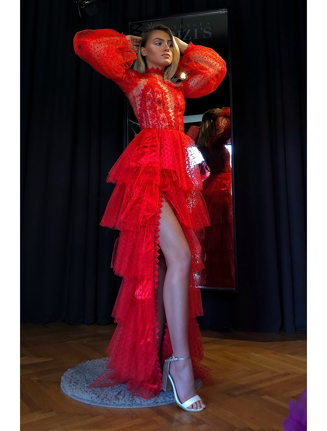 Sheath / Column Empire Sexy High Split Party Wear Prom Valentine's Day Dress High Neck Long Sleeve Floor Length Lace with Slit Tier / Puff Balloon Sleeve