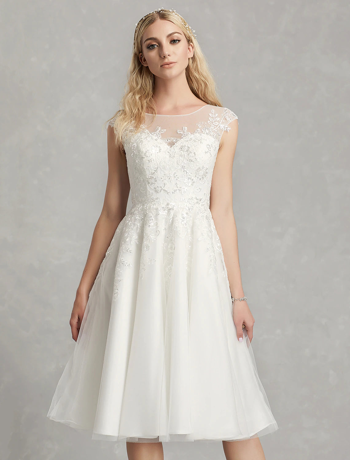 Reception Little White Dresses Wedding Dresses A-Line Illusion Neck Cap Sleeve Knee Length Lace Bridal Gowns With Appliques 2023 Summer Wedding Party