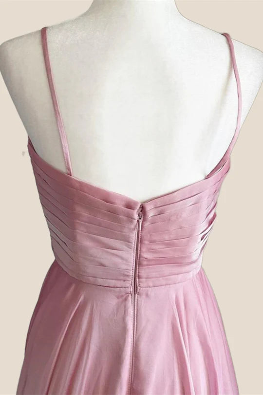 Pleated Pink V Neck Satin Long Prom Dress