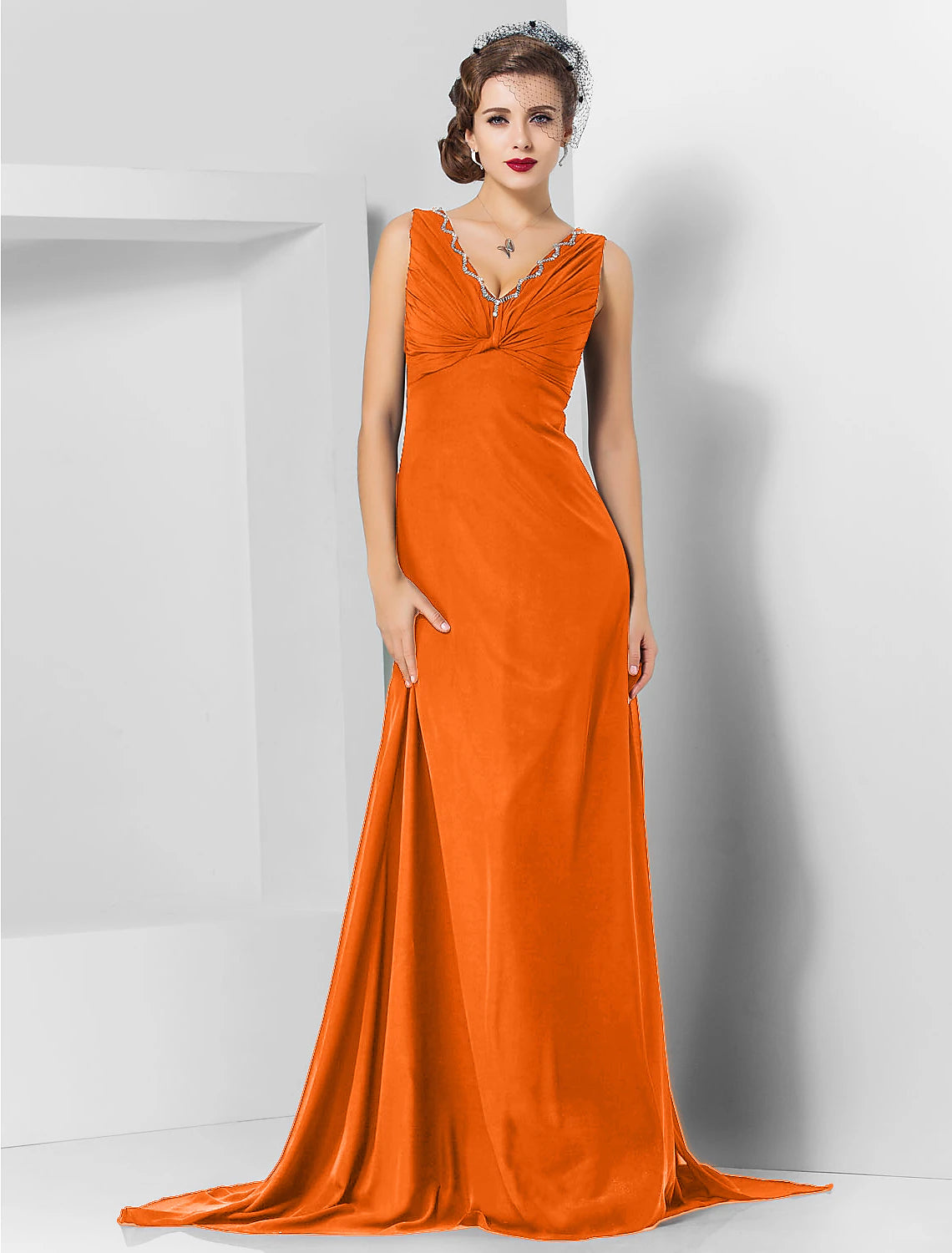 Sheath / Column Elegant Engagement Formal Evening Dress V Neck Sleeveless Sweep / Brush Train Chiffon with Crystals Draping