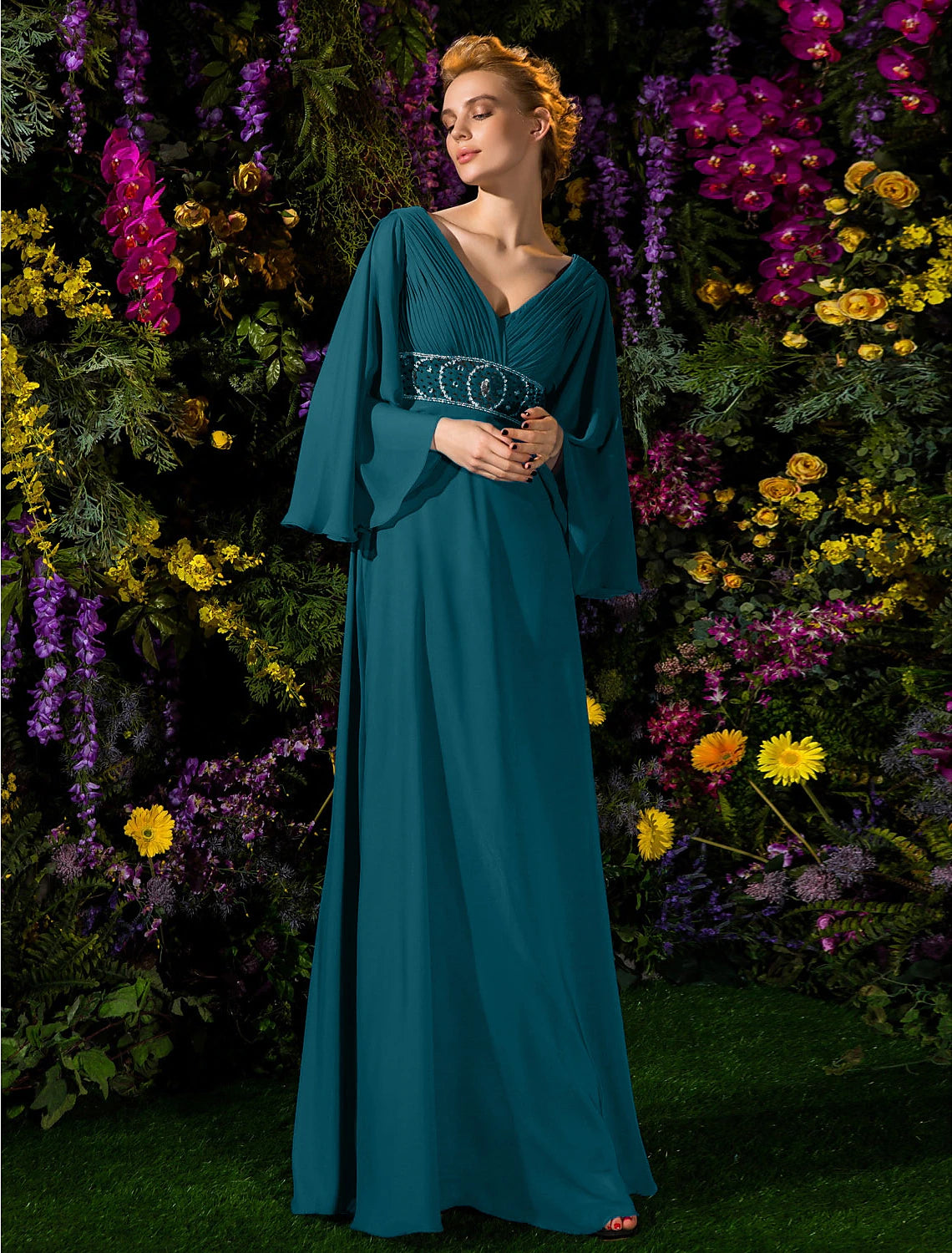A-Line Mother of the Bride Dress Vintage Inspired V Neck Floor Length Chiffon Long Sleeve with Crystals Beading Side Draping