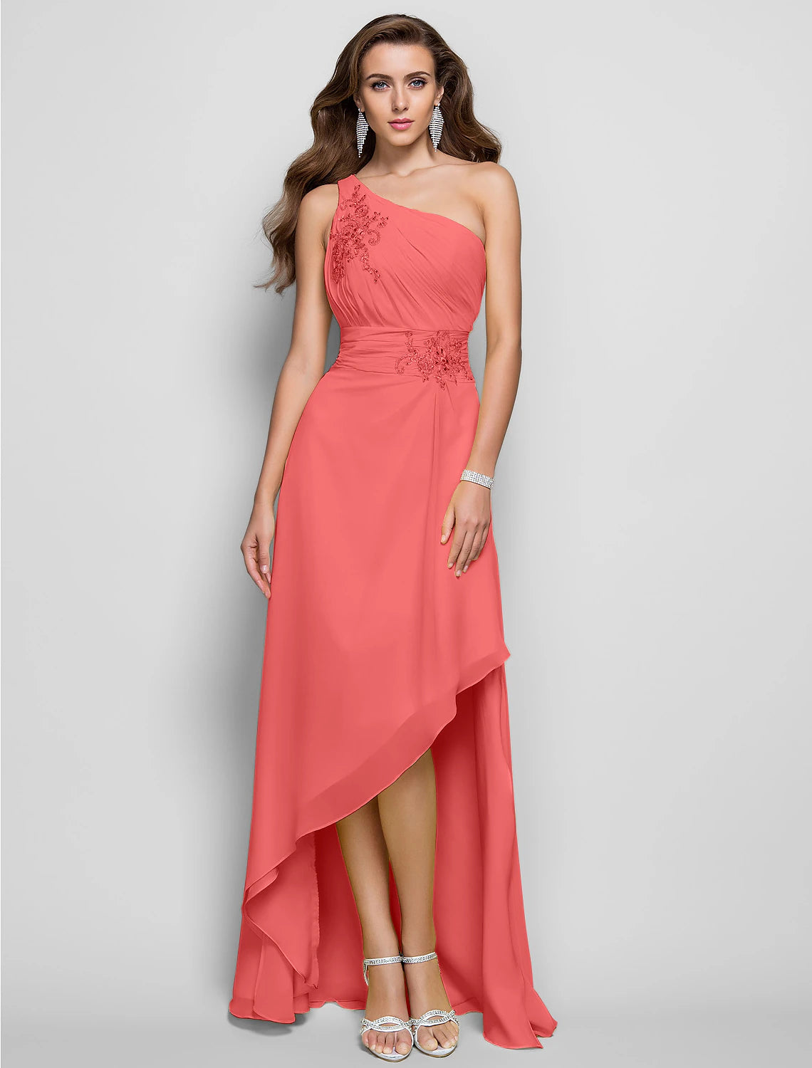 Sheath / Column Elegant Dress Wedding Guest Cocktail Party Asymmetrical Sleeveless One Shoulder Bridesmaid Dress Chiffon with Beading Slit Appliques