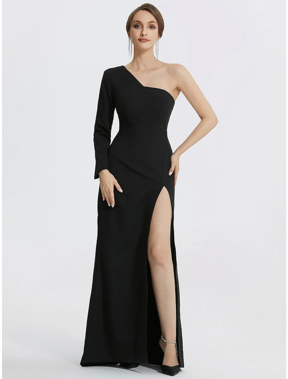 DingjiMermaid Evening Gown Elegant Black Dress Wedding Guest Prom Floor Length Long Sleeve One Shoulder Stretch Fabric with Slit