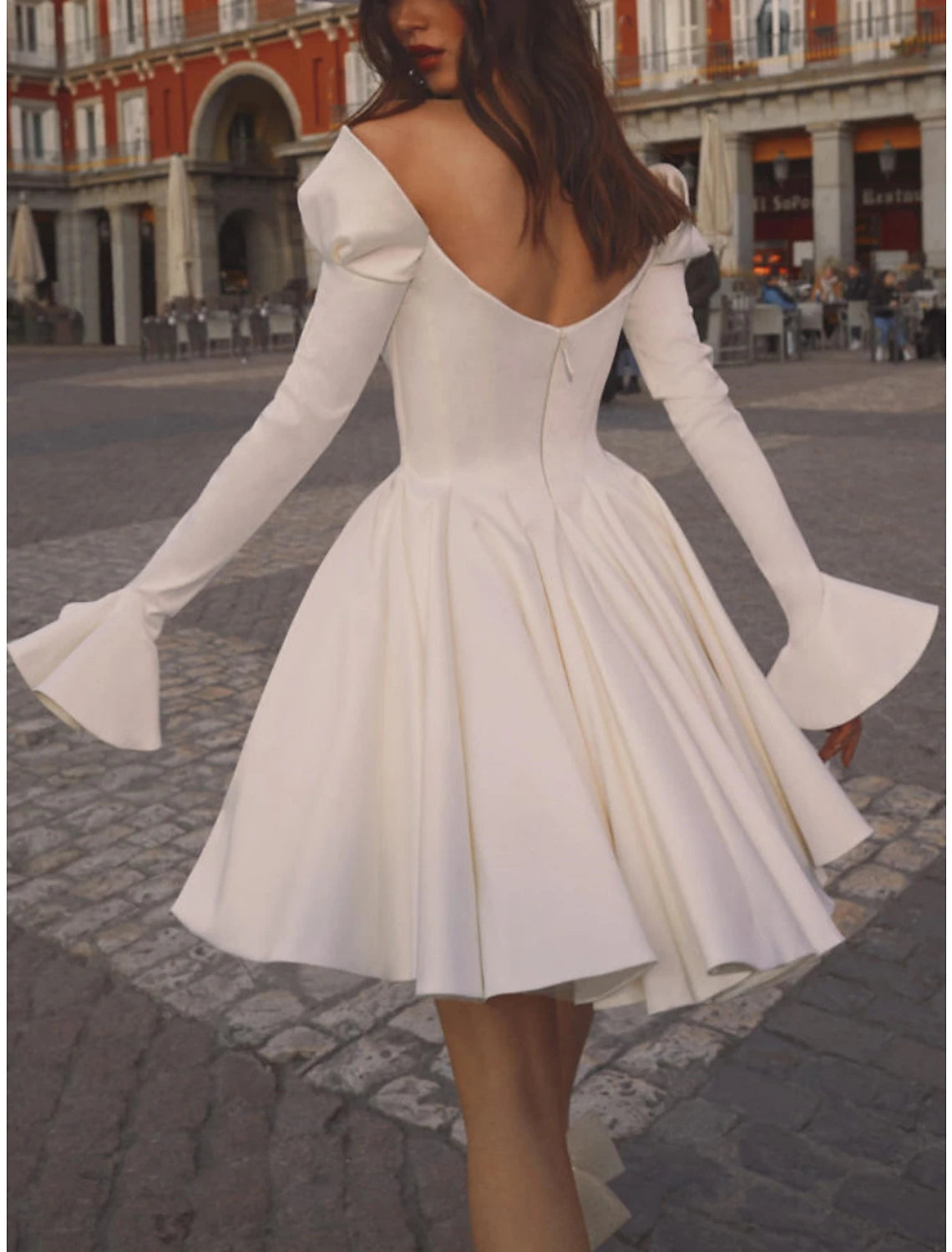 Little White Dresses Wedding Dresses A-Line Off Shoulder Long Sleeve Short / Mini Satin Bridal Gowns With Pleats Solid Color