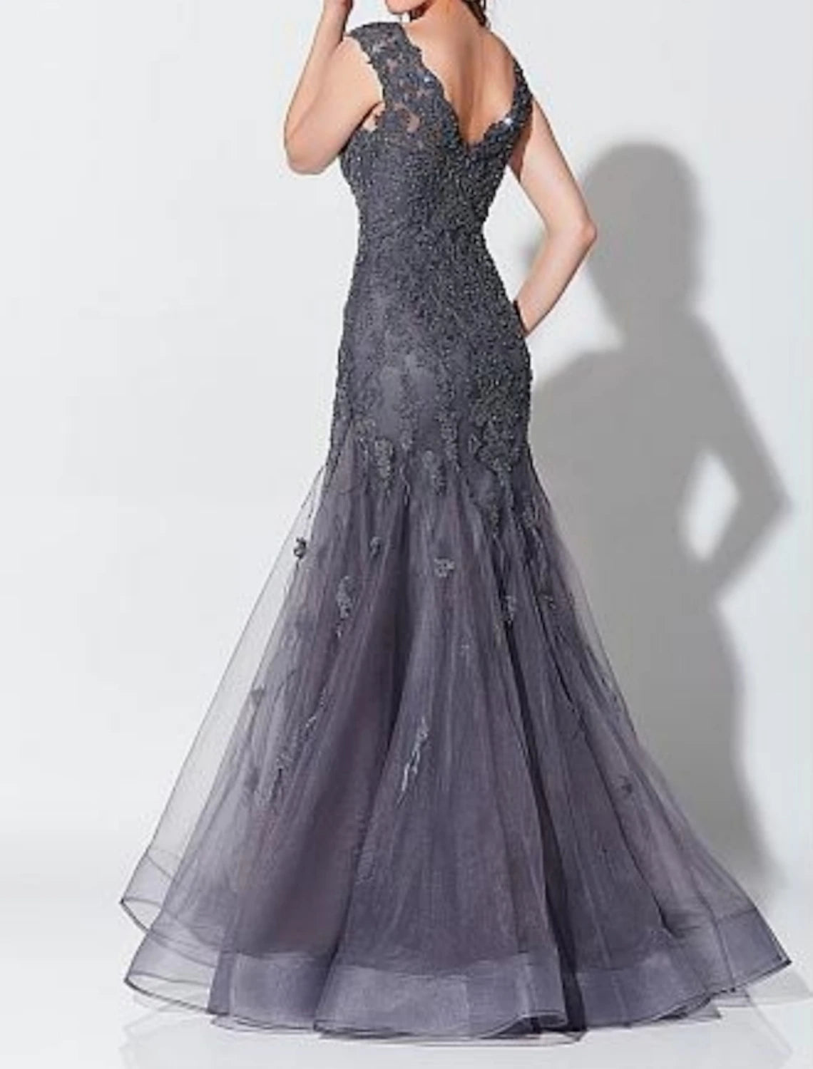 Mermaid / Trumpet Elegant Wedding Guest Formal Evening Dress V Neck Sleeveless Floor Length Tulle with Appliques