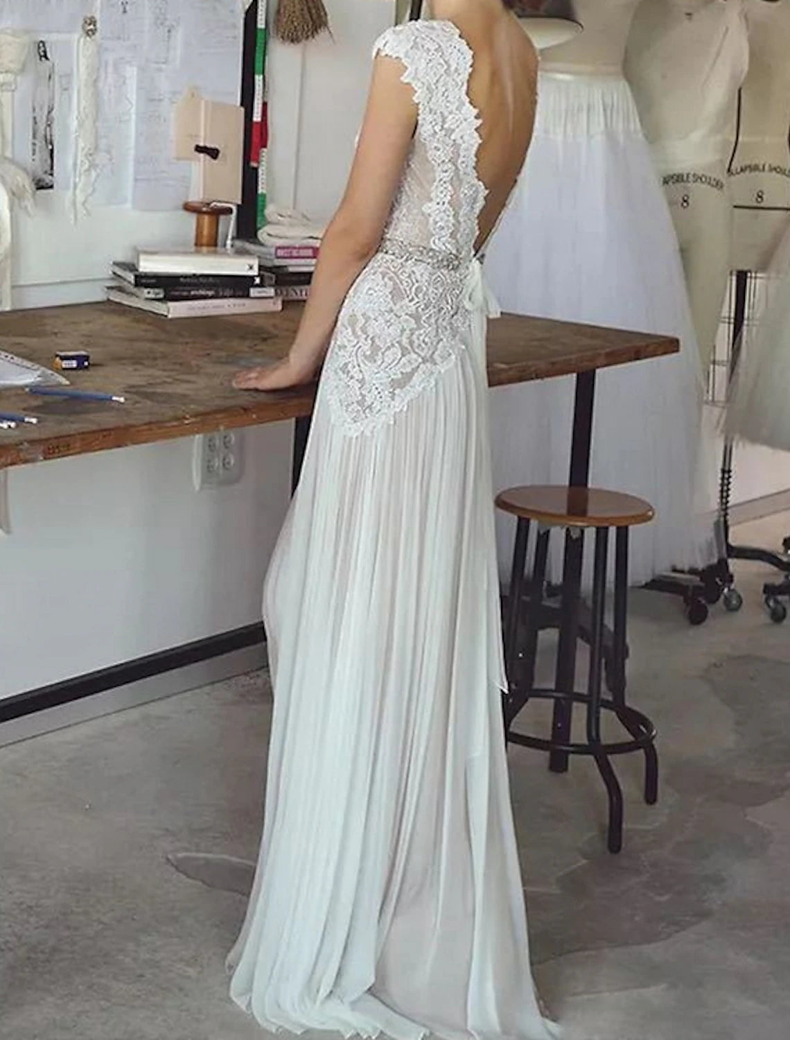 Beach Boho Wedding Dresses A-Line V Neck Sleeveless Sweep / Brush Train Lace Bridal Gowns With