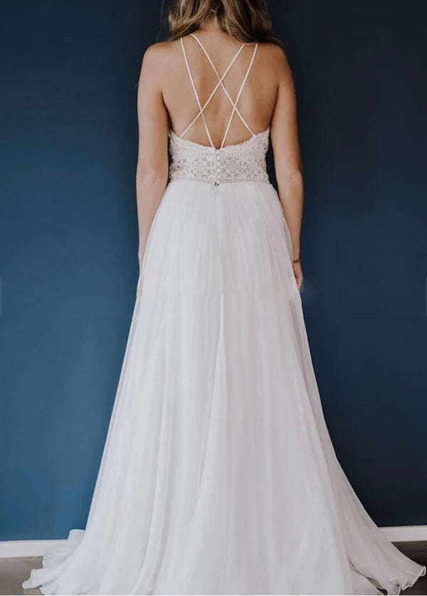 Lace Chiffon Halter Sleeveless Open Back Wedding Dresses