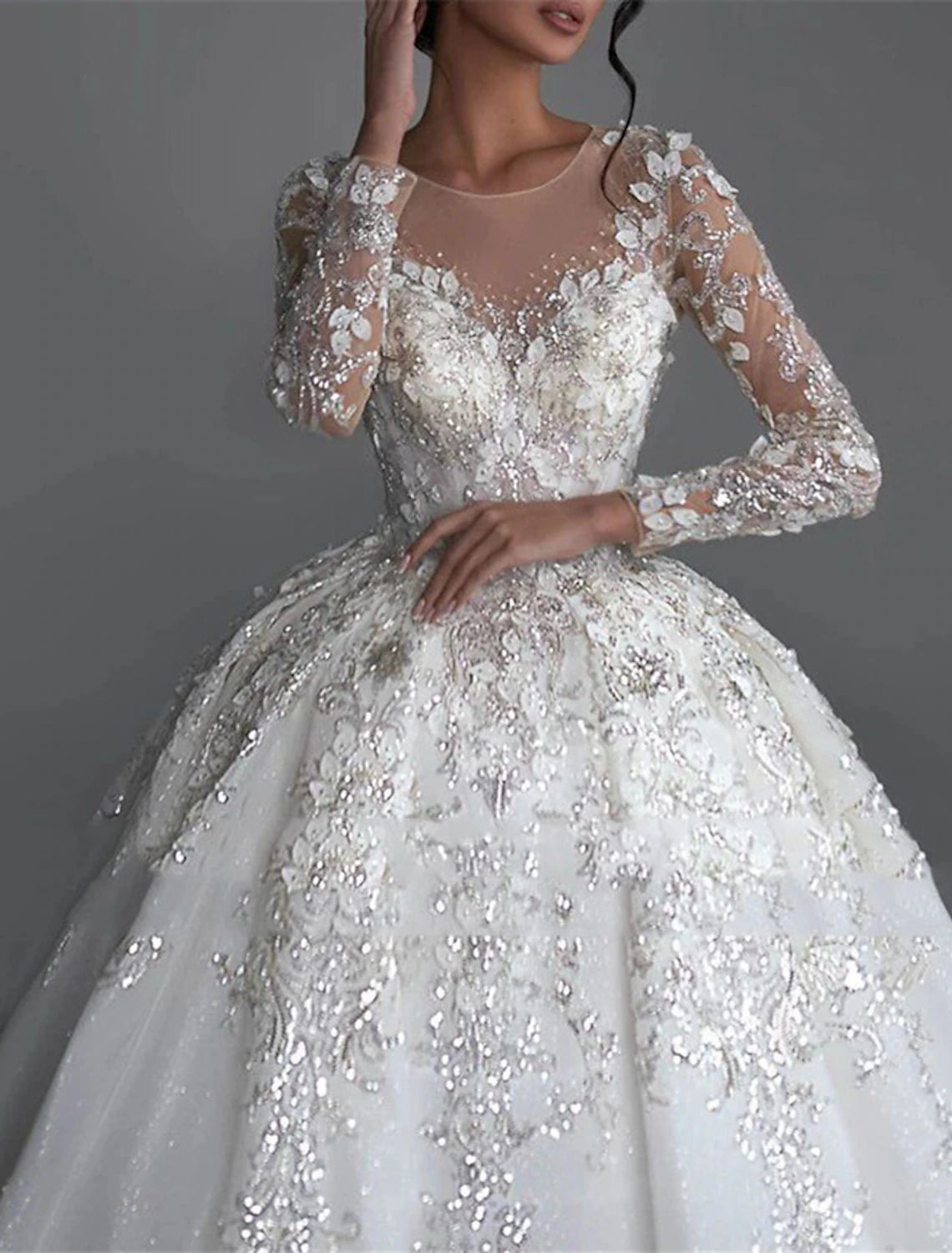 Formal Modest Fall Wedding Dresses Princess Jewel Neck Long Sleeve Chapel Train Tulle Bridal Gowns With Appliques Solid Color Summer Wedding Party, Women's Clothing