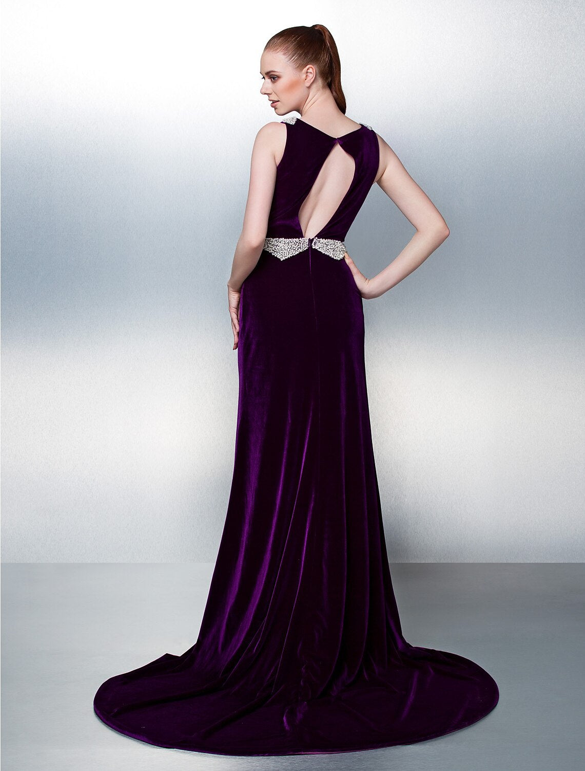A-Line Open Back Formal Evening Dress Bateau Neck Sleeveless Court Train Velvet with Sash / Ribbon Pearls Beading
