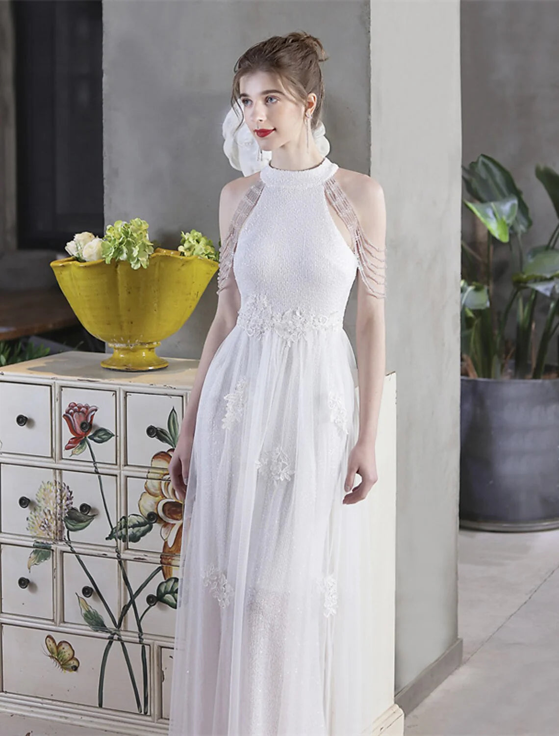 DingjiA-Line Prom Dresses Sparkle & Shine Dress Party Wear Floor Length Short Sleeve High Neck Polyester with Sequin Appliques