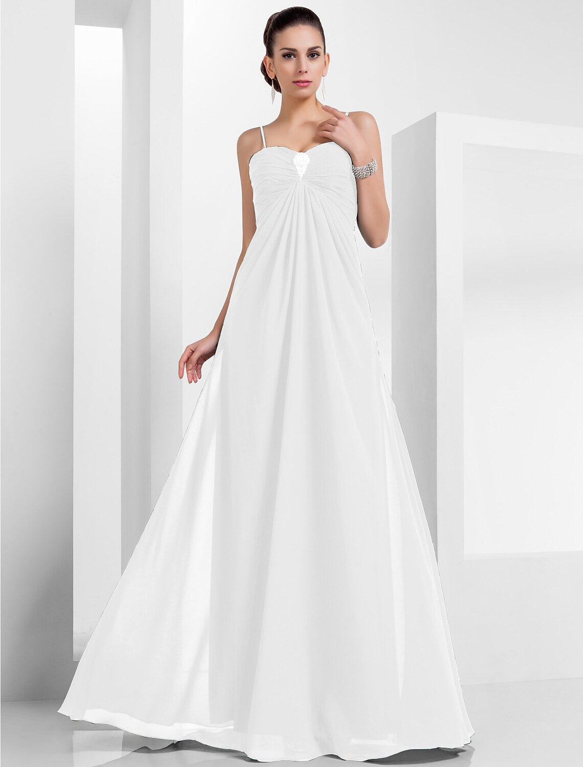 A-Line Empire Holiday Formal Evening Dress Spaghetti Strap Sleeveless Floor Length Chiffon with Crystals