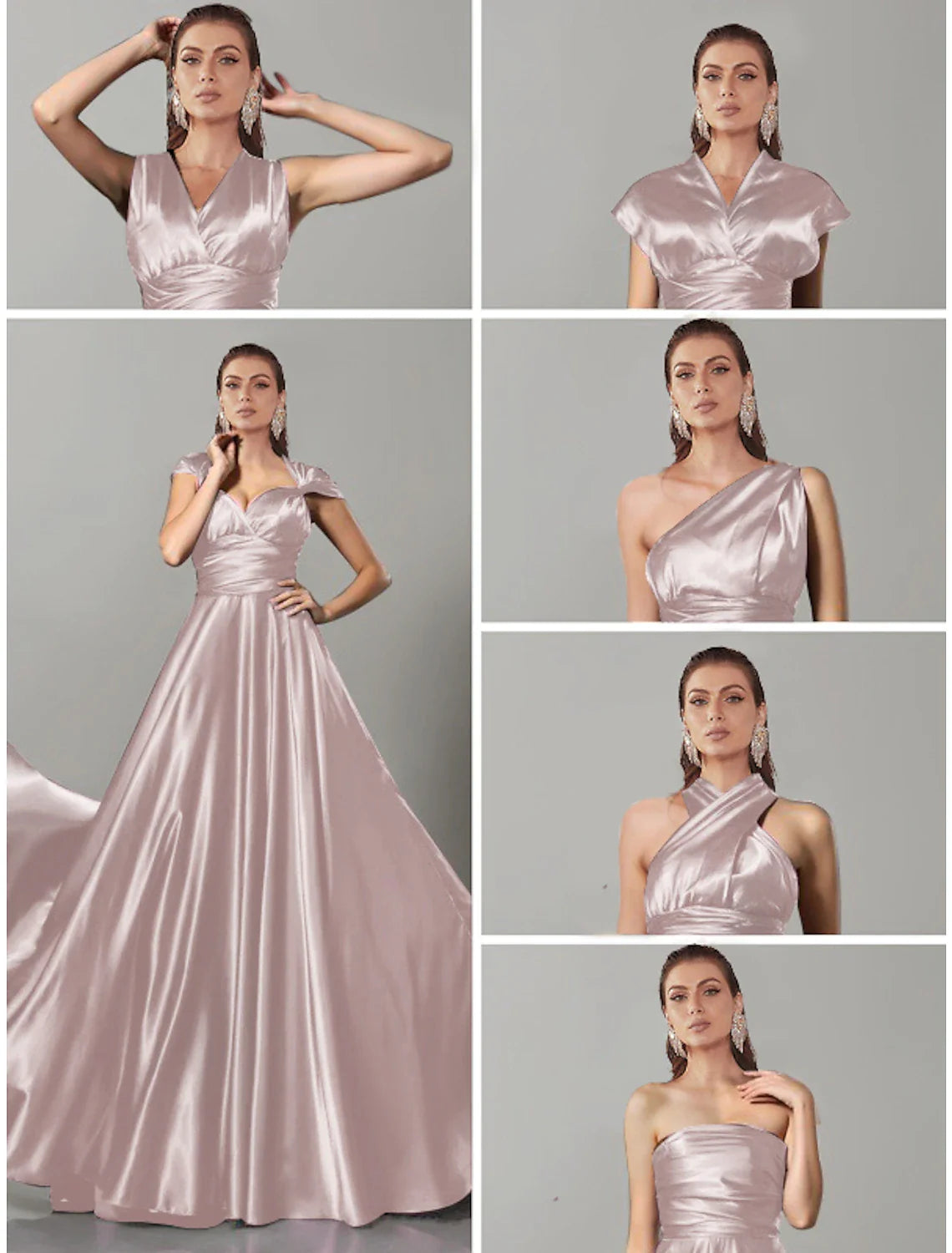 DingjiA-Line Wedding Guest Dresses Convertible Infinity Dress Party Wear Court Train Sleeveless One Shoulder Convertible Cotton Backless with Glitter Pleats Ruched