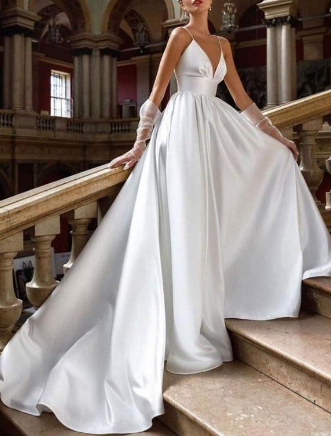 Casual Wedding Dresses A-Line Camisole V Neck Spaghetti Strap Court Train Satin Bridal Gowns With Pleats