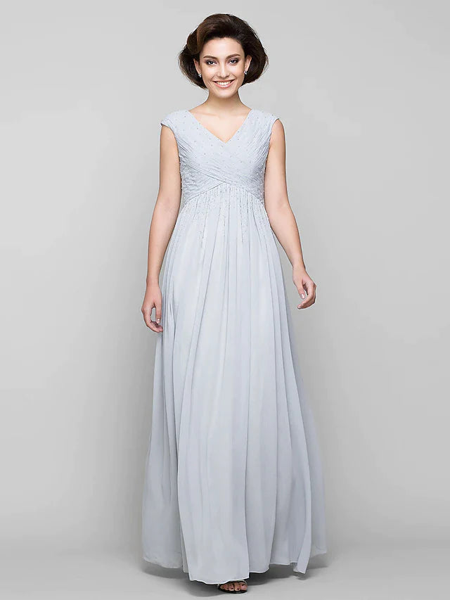 DingjiA-Line Mother of the Bride Dress Elegant V Neck Floor Length Chiffon Sleeveless with Criss Cross Beading